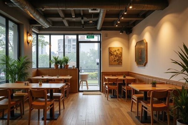 Cozy cafe interior with warm lighting