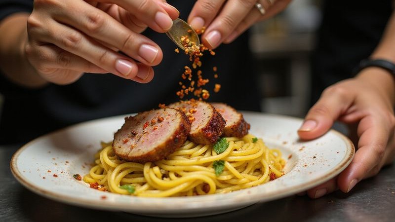 Aglio olio pasta with smoked duck being plated garnished with chili flakes professional presentation
