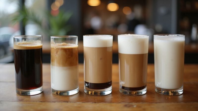 Array of coffee drinks from espresso to latte showing progression of milk coffee ratios