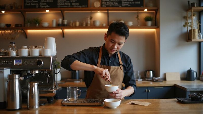 Barista preparing specialty coffee at Bubbs and Bites cafe counter professional equipment warm lighting friendly service