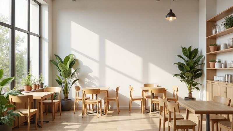 Cafe interior with minimalist Muji aesthetic clean space perfect for pets and their owners