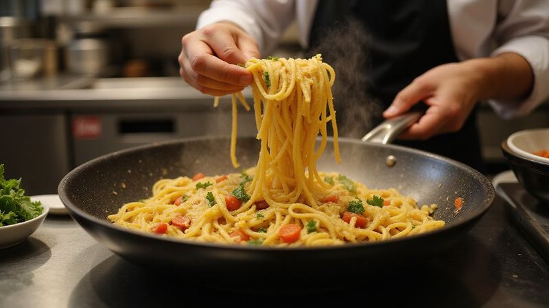 Chef preparing pasta dish in kitchen fresh ingredients being added steam rising action shot