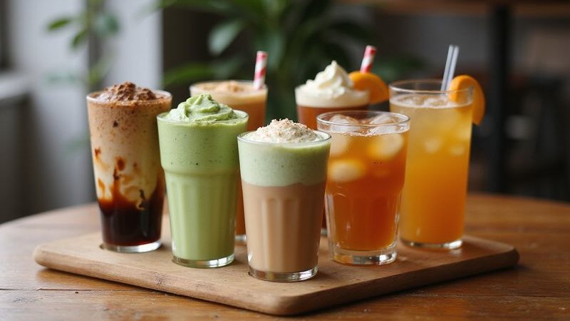Colorful selection of non coffee drinks at Bubbs and Bites including matcha milkshakes and teas beautiful presentation