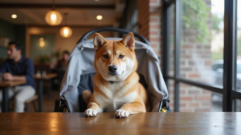 Confident relaxed pet sitting calmly at cafe table demonstrating well socialized behavior