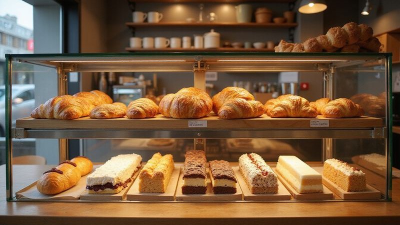 Display case of fresh pastries and cakes at Bubbs and Bites inviting selection variety of options
