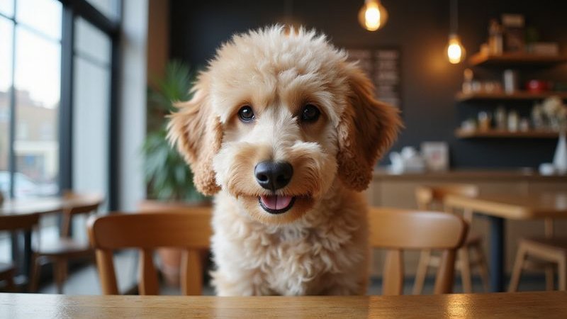 Dog taking in new cafe environment curious expression exploring with senses alert ears