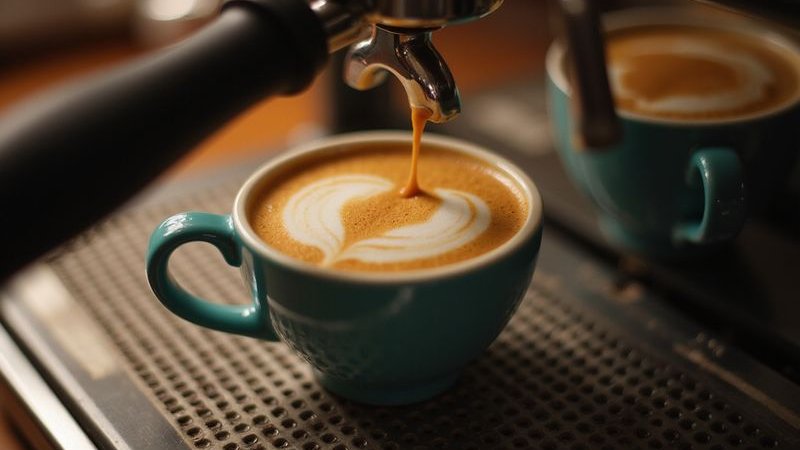 Espresso shot being extracted from professional machine golden crema forming