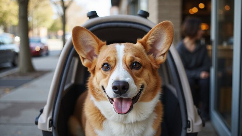 Excited dog with perked ears ready for cafe adventure alert and happy expression