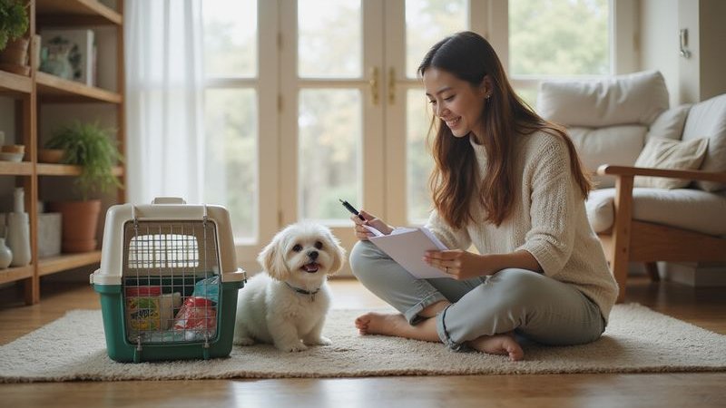 Excited pet owner getting ready for first cafe visit with their dog checklist and supplies