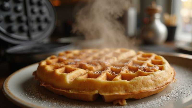 Golden waffle fresh from the iron steam rising crispy edges fluffy interior warm lighting professional food photography