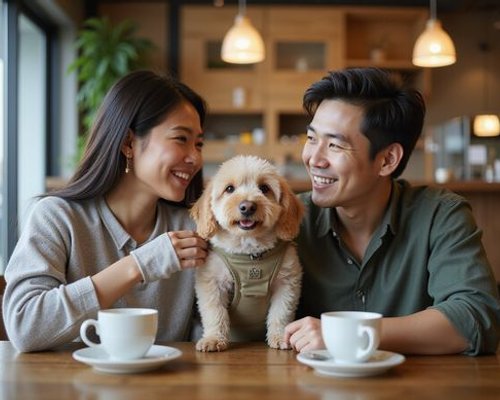Guests enjoying cafe with their pet