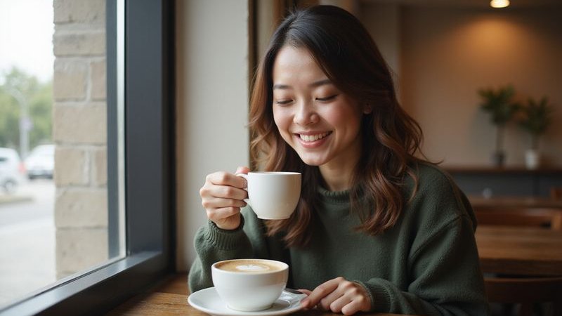 Happy customer enjoying coffee at Bubbs and Bites cozy corner window seat natural light relaxed atmosphere