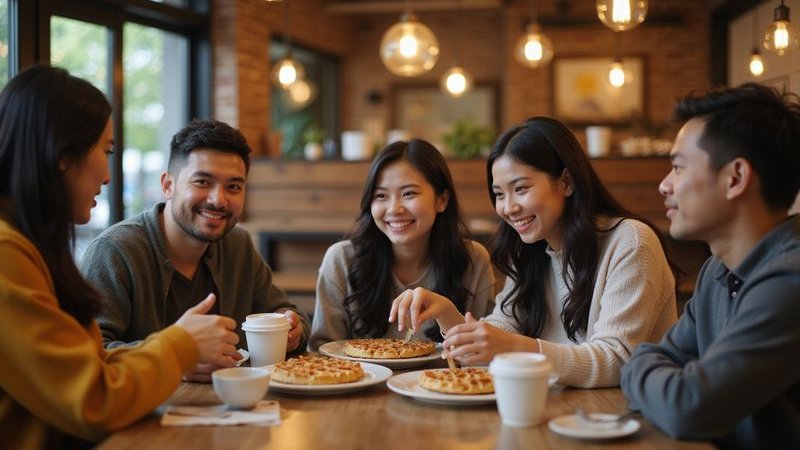 Happy customers enjoying waffles at Bubbs and Bites sharing food warm atmosphere social dining
