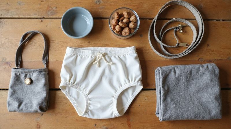 Pet essentials bag packed with diapers treats water bowl leash ready for cafe outing