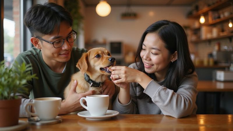 Pet owner creating positive cafe experience with calm energy treats and attention