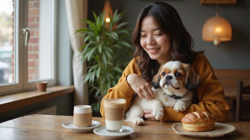 Pet owner enjoying coffee with their dog at a cozy cafe table warm lighting happy moment