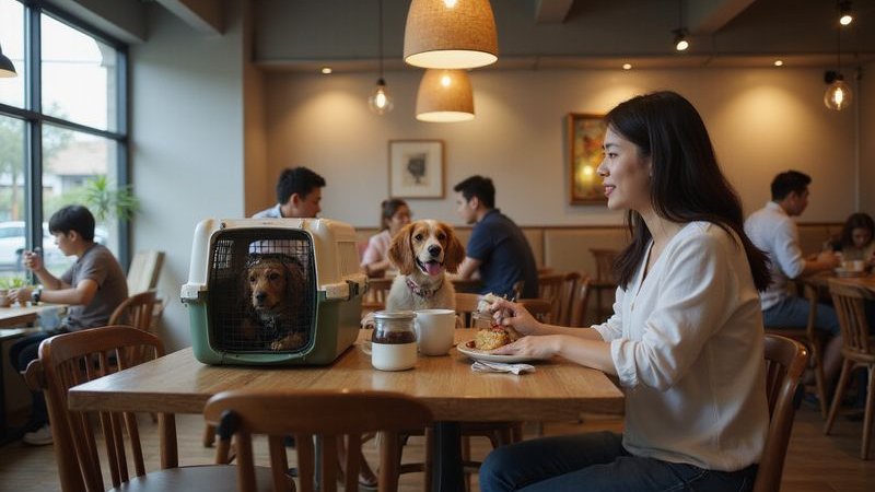 Pet owner following cafe guidelines keeping dog close respectful of other guests