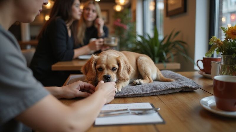 Pet settling calmly on blanket at cafe table owner providing treat for good behavior