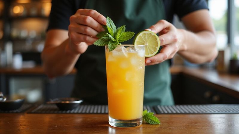 Refreshing mocktail being garnished with fresh mint and lime vibrant colors summer vibes