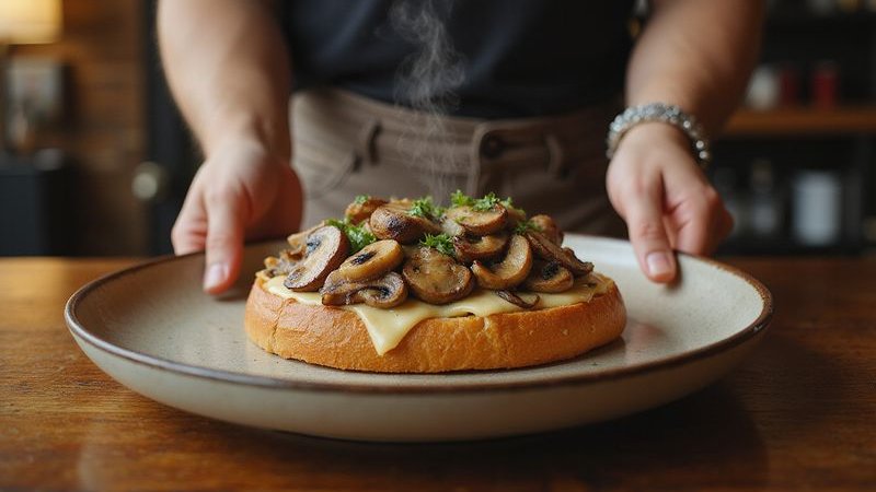 Savory toast with melted cheese and mushrooms being served golden crispy bread appetizing