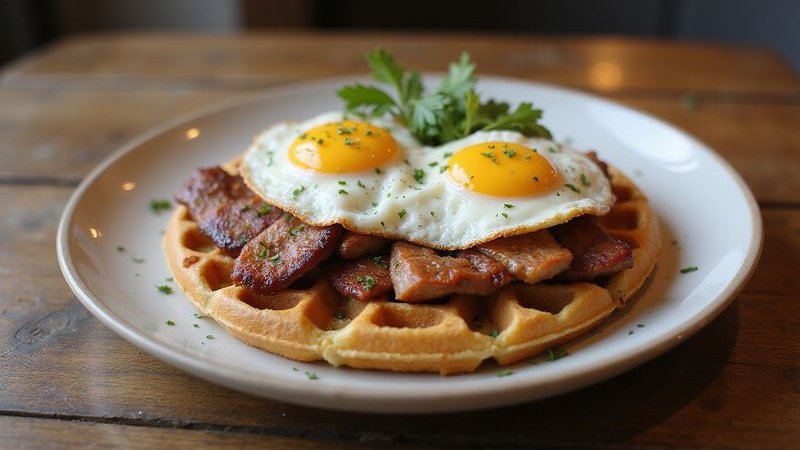 Smoked duck and eggs waffle plated beautifully savory breakfast option sunny side eggs tender duck slices