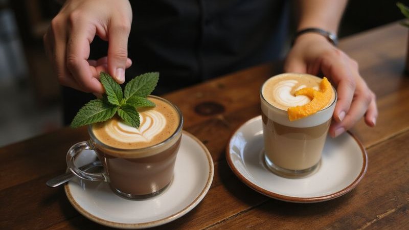 Specialty coffee drinks being prepared mocha mint latte orange espresso creative presentation