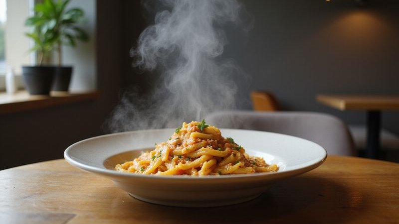 Steaming pasta dish at Bubbs and Bites creamy sauce perfectly cooked pasta fresh ingredients