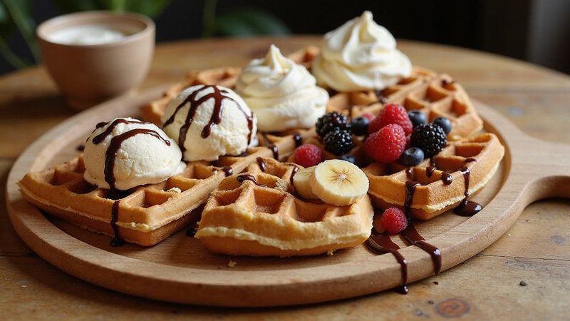 Sweet waffle assortment chocolate drizzle ice cream toppings fresh fruits indulgent dessert spread