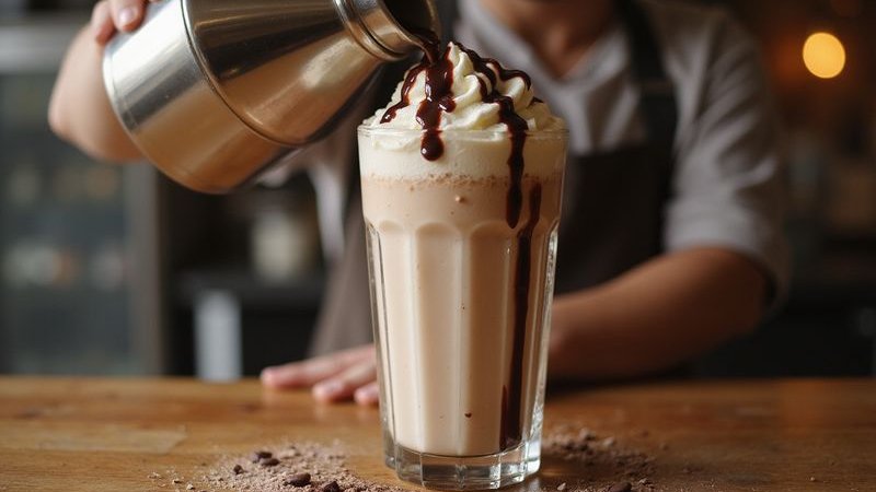 Thick creamy milkshake being poured into tall glass topped with whipped cream indulgent dessert drink
