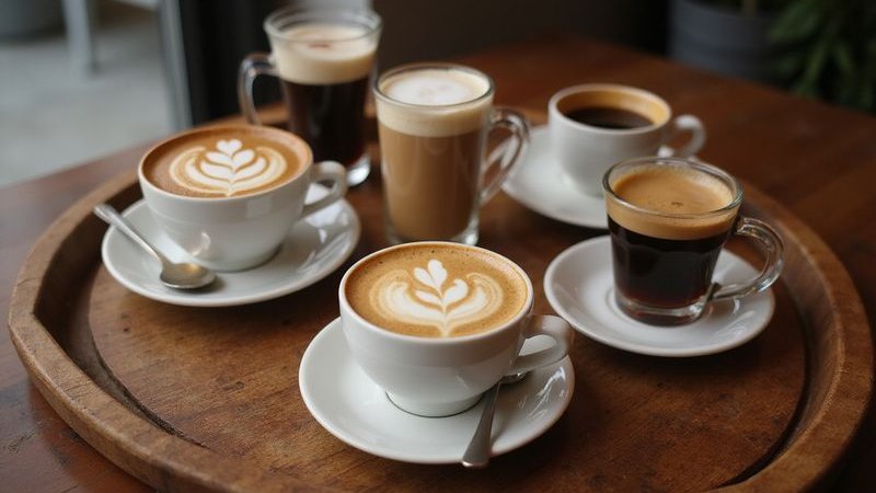 Variety of coffee drinks arranged on wooden tray including latte cappuccino and espresso warm cafe setting