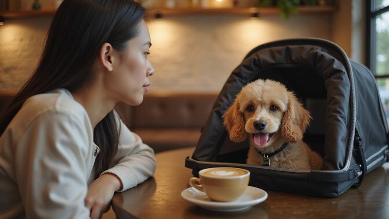 Well-behaved dog sitting calmly next to owner at cafe table good pet etiquette dining out